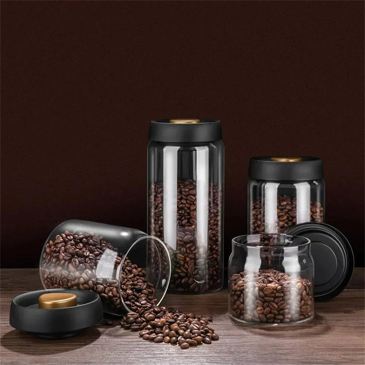 Glasbehälter mit Kaffeebohnen, schwarz-goldener Deckel, Küchendekor, Vorratsglas-Set.