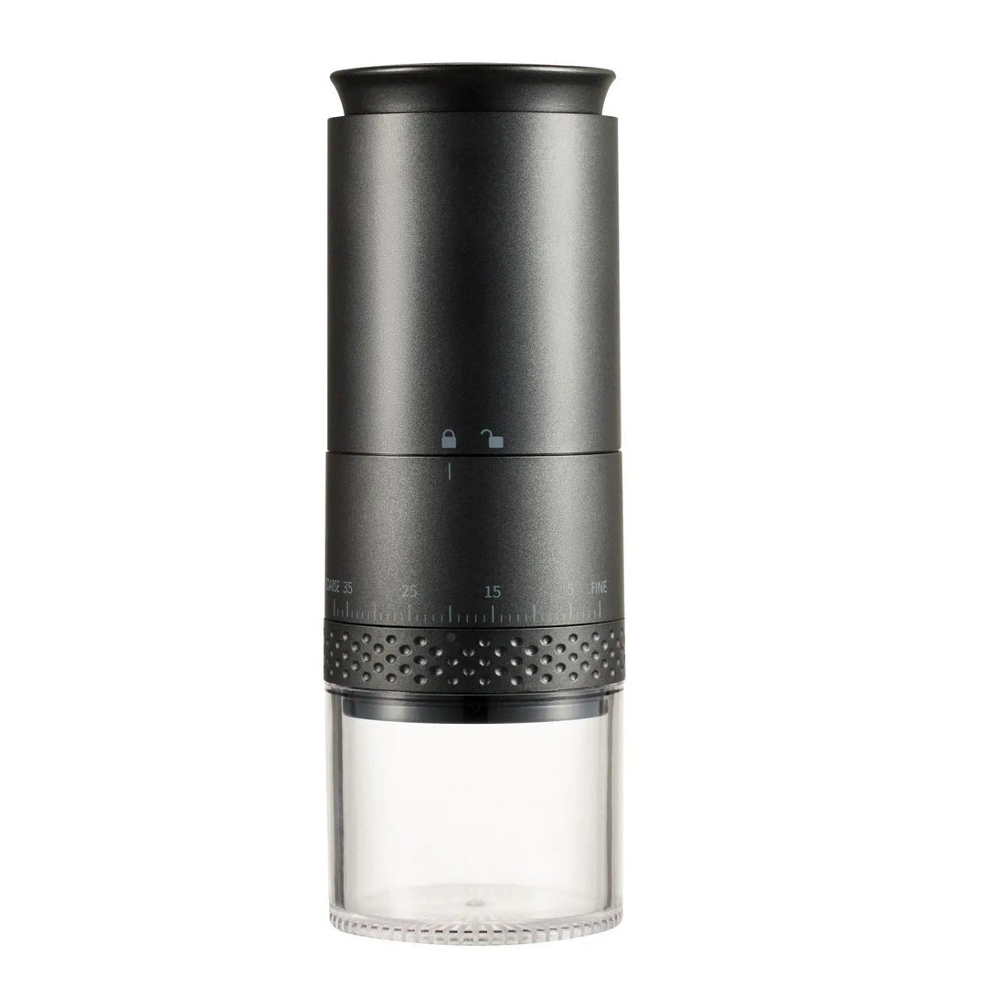 Elektrische Kaffeemühle schwarz, einstellbar, kompakt, ideal für frischen Kaffeegenuss.