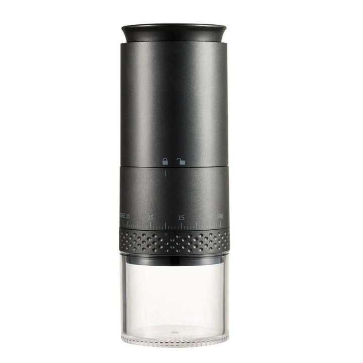 Elektrische Kaffeemühle schwarz, einstellbar, kompakt, ideal für frischen Kaffeegenuss.