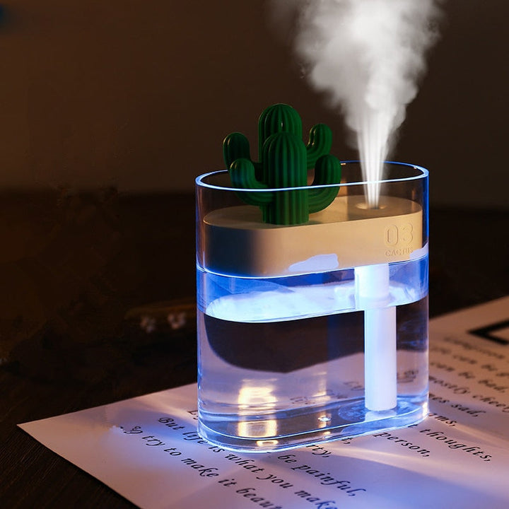 Luftbefeuchter mit Kaktus-Design, LED-Beleuchtung, transparent, modern, dekorativ.