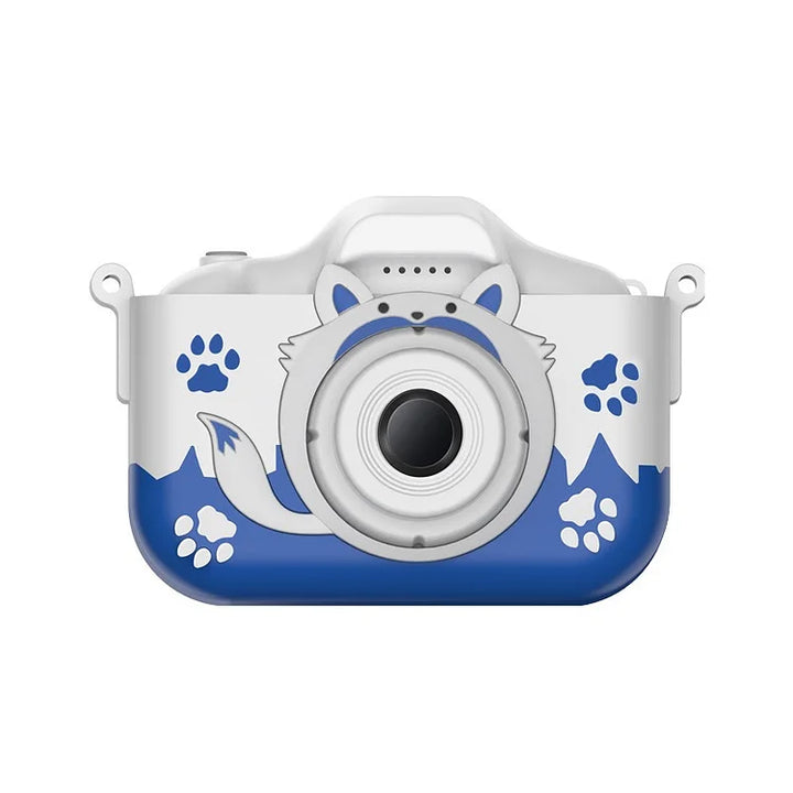 Kinderkamera mit blauem Fuchs-Design, digital, robust, ideal für Kinderfotografie.