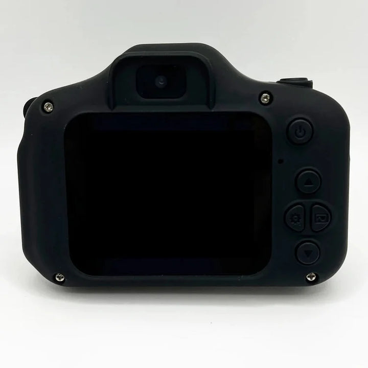 Schwarze Kamera-Rückseite mit Display und Tasten, DSLR, Fotografie-Ausrüstung, Elektronik.