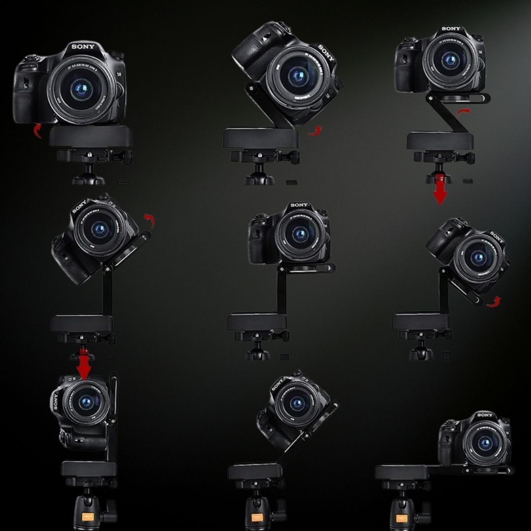 Sony Kameras auf Stativkopf, schwarz, verschiedene Positionen, Fotografie-Ausrüstung.