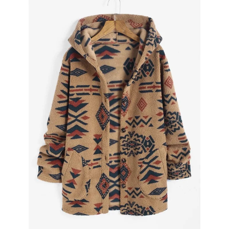 Damen Kapuzenjacke, beige, Aztekenmuster, Fleece, warm, modisch, Herbst/Winter, bequem.