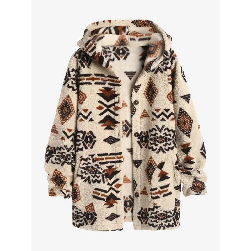 Damen Kapuzenjacke, Ethno-Muster, beige, Fleece, warm, modisch, Herbst/Winter, Freizeitkleidung.