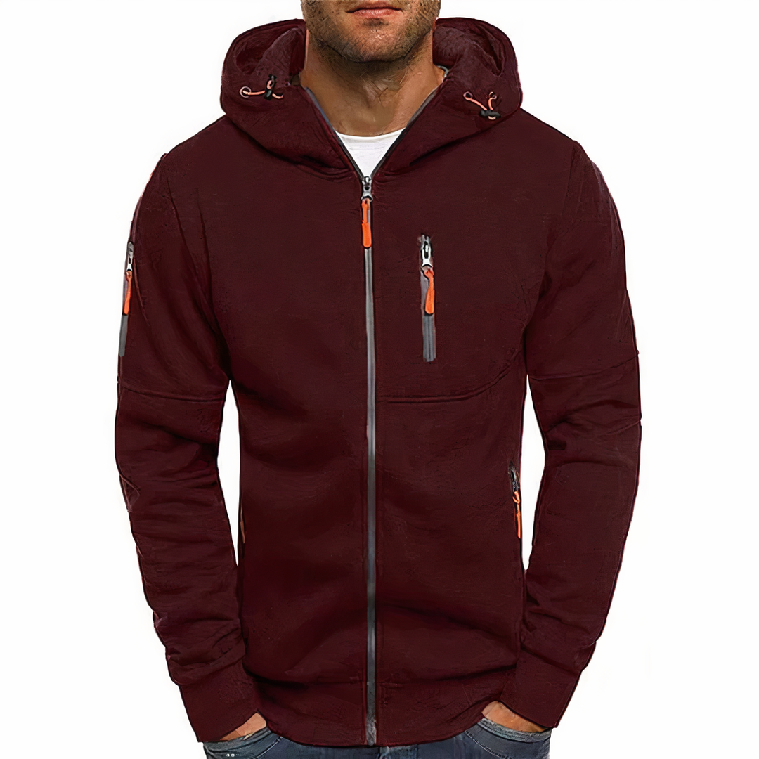 Dunkelrote Herrenjacke mit Kapuze, Reißverschlüssen, sportlich, lässig, Baumwolle.