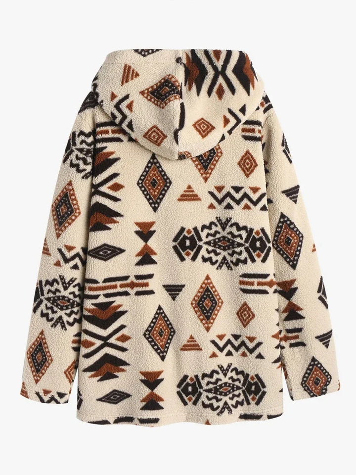 Kapuzensweatshirt mit Ethno-Muster, beige, Fleece, geometrische Formen, Herrenmode, warm.
