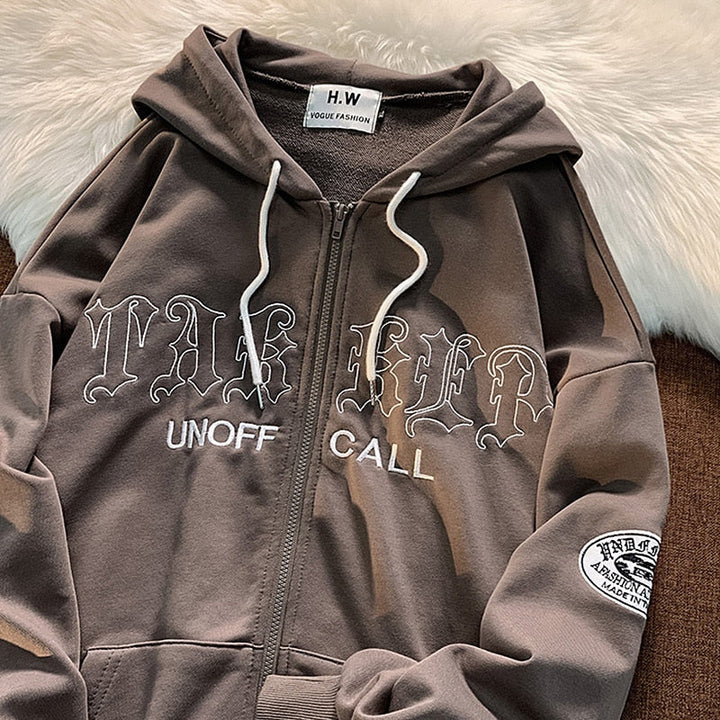 Grauer Kapuzenpullover mit Reißverschluss, Aufschrift "UNOFF CALL", Streetwear, Baumwolle.