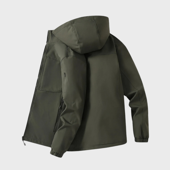 Armeegrüne Herren-Kapuzenjacke, wasserabweisend, Freizeitstil, Reißverschlusstaschen.