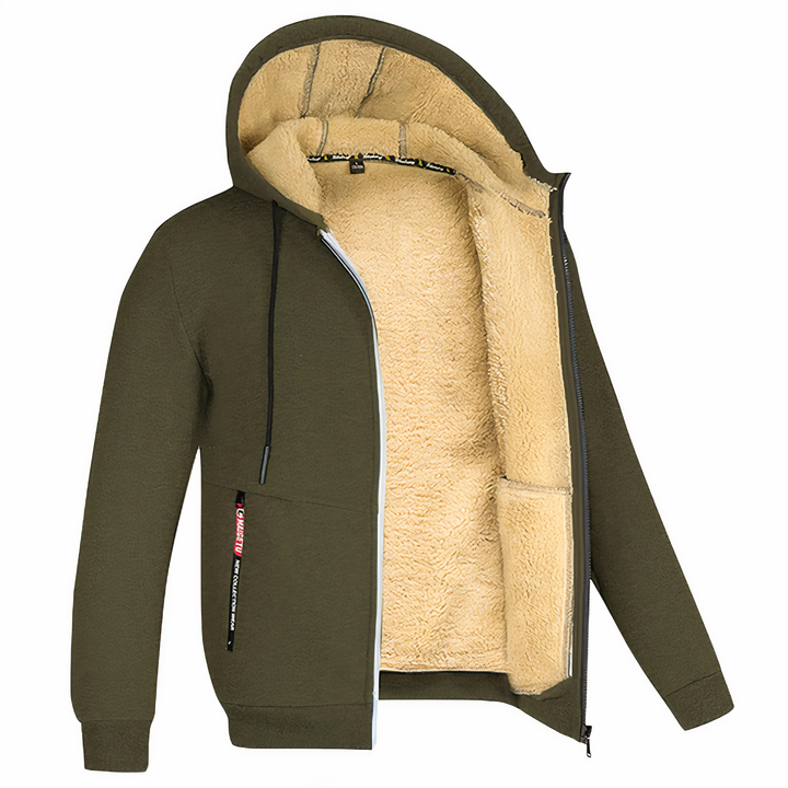 Olivgrüne Herren-Fleecejacke mit Kapuze, Reißverschluss und warmem Innenfutter.