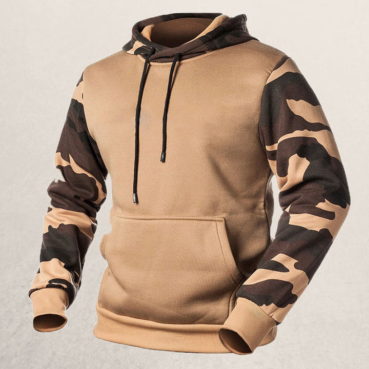 Beige Hoodie mit Camouflage-Ärmeln, Kapuze und Kängurutasche, Herrenmode, Baumwolle.