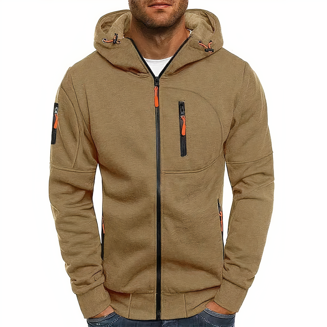 Beige Herren-Kapuzenjacke mit Reißverschlüssen, sportlich, lässig, Baumwolle, Outdoor-Bekleidung.