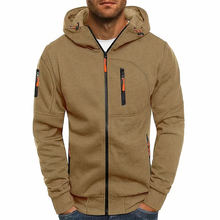 Beige Herren-Kapuzenjacke mit Reißverschlüssen, sportlich, lässig, Baumwolle, Outdoor-Bekleidung.