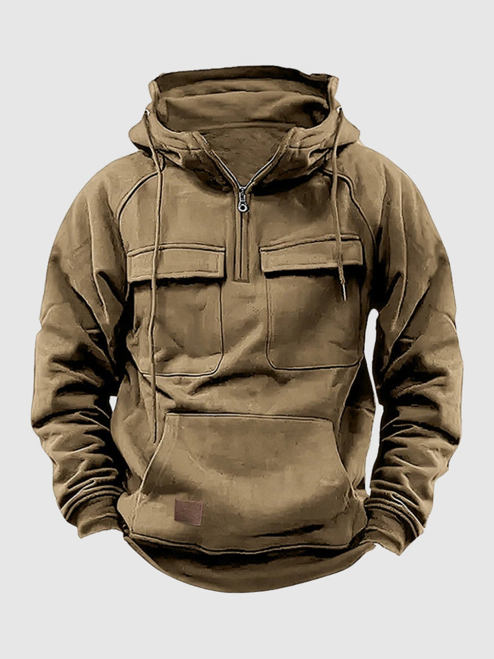 Taktische olivgrüne Kapuzenjacke mit Reißverschluss, Kängurutasche, Outdoor-Bekleidung.