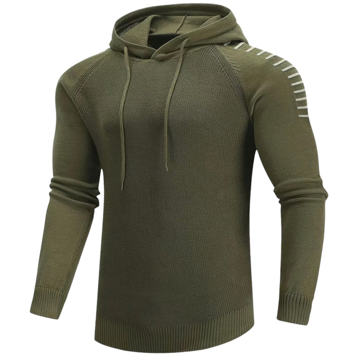 Grüner Herrenpullover mit Kapuze, Strickmuster, Langarm, Freizeitmode, Baumwolle.