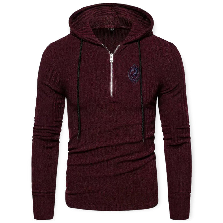 Bordeauxfarbener Herrenpullover mit Kapuze, Reißverschluss, Strickmuster, modisch, bequem.