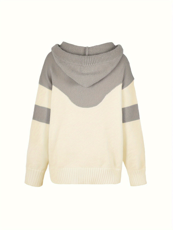 Beige und grauer Kapuzenpullover, Strick, Unisex, lässig, Herbstmode, weiches Material.