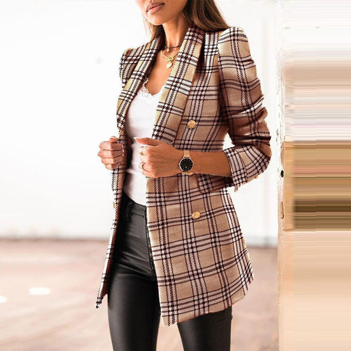 Damen Blazer kariert beige, modisch, elegant, Herbstmode, Business-Look, Freizeitkleidung.