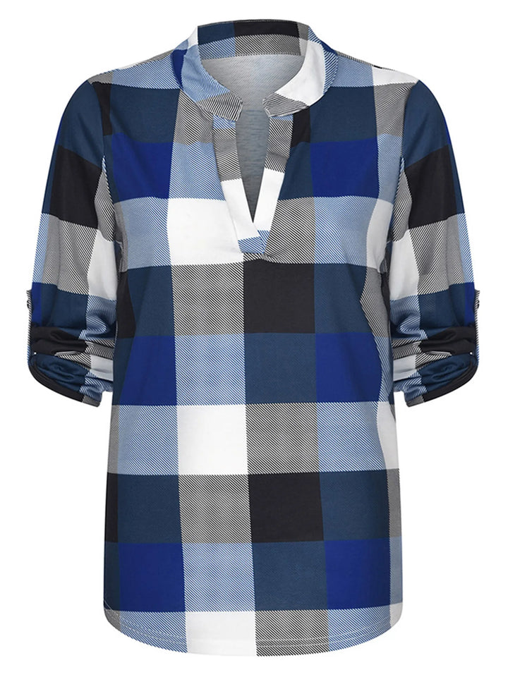 Damenbluse kariert blau-weiß, V-Ausschnitt, langärmlig, Freizeitmode, Baumwolle.