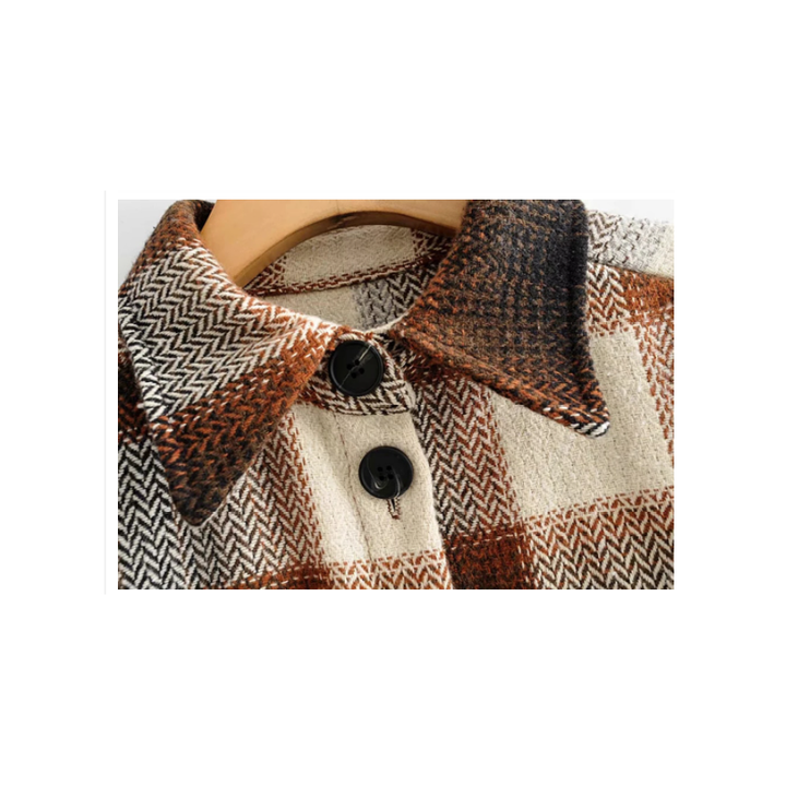 Damenjacke kariert, halblang, braun-beige, Vintage-Streetwear, ideal für Frühling.