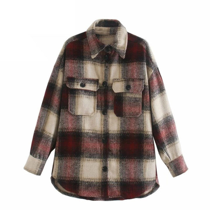 Damenjacke kariert weinrot, halblang, Vintage-Streetwear, ideal für Frühling.