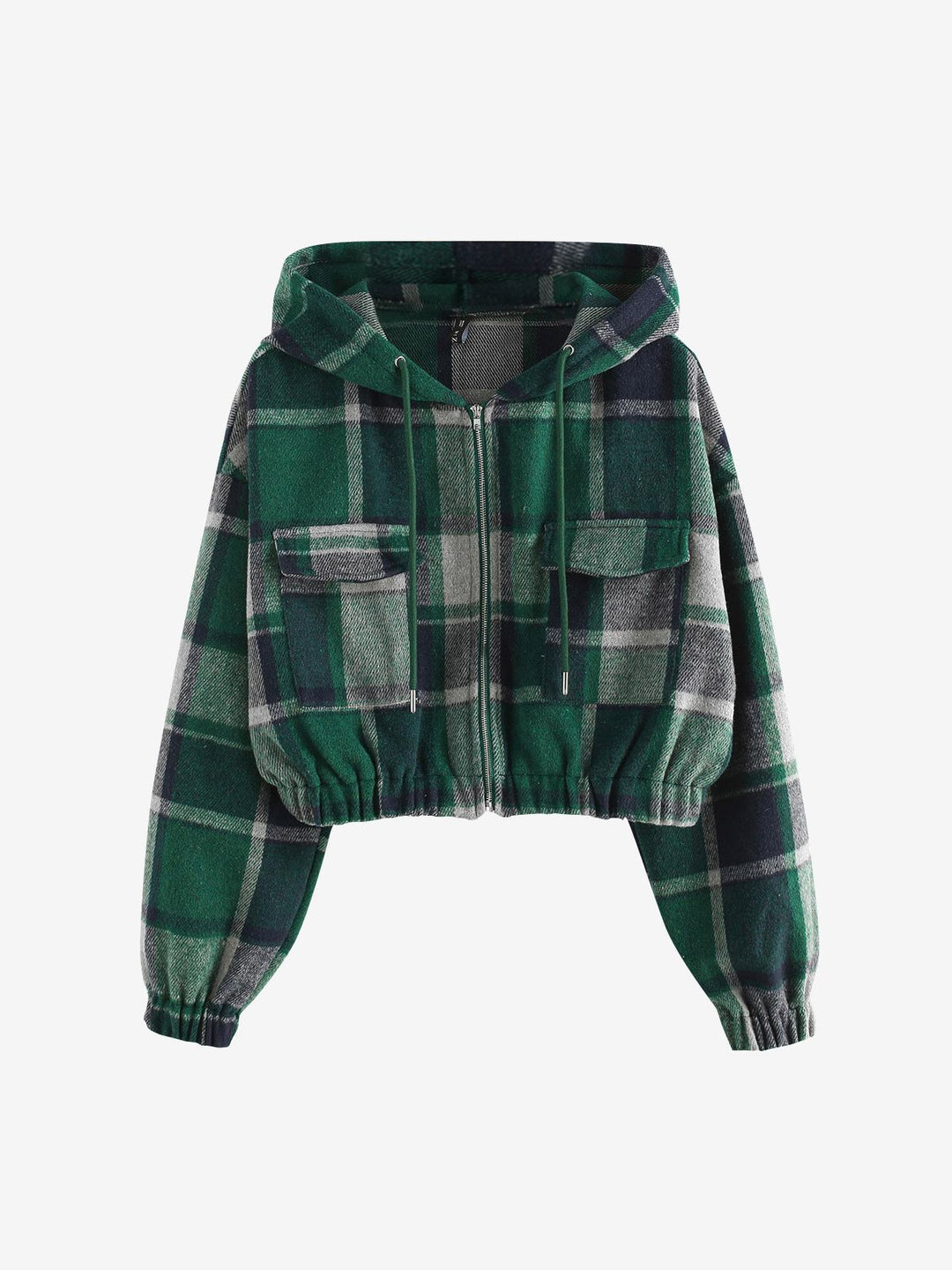 Grüne karierte Kapuzenjacke, Damen, Reißverschluss, Taschen, Baumwolle, modisch, Herbstmode.