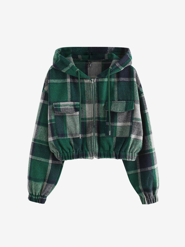 Grüne karierte Kapuzenjacke, Damen, Reißverschluss, Taschen, Baumwolle, modisch, Herbstmode.
