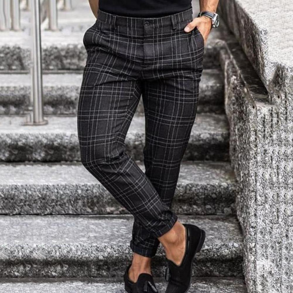 Herren karierte Anzughose, schwarz-grau, Slim Fit, elegant, aus Baumwolle, modisch.