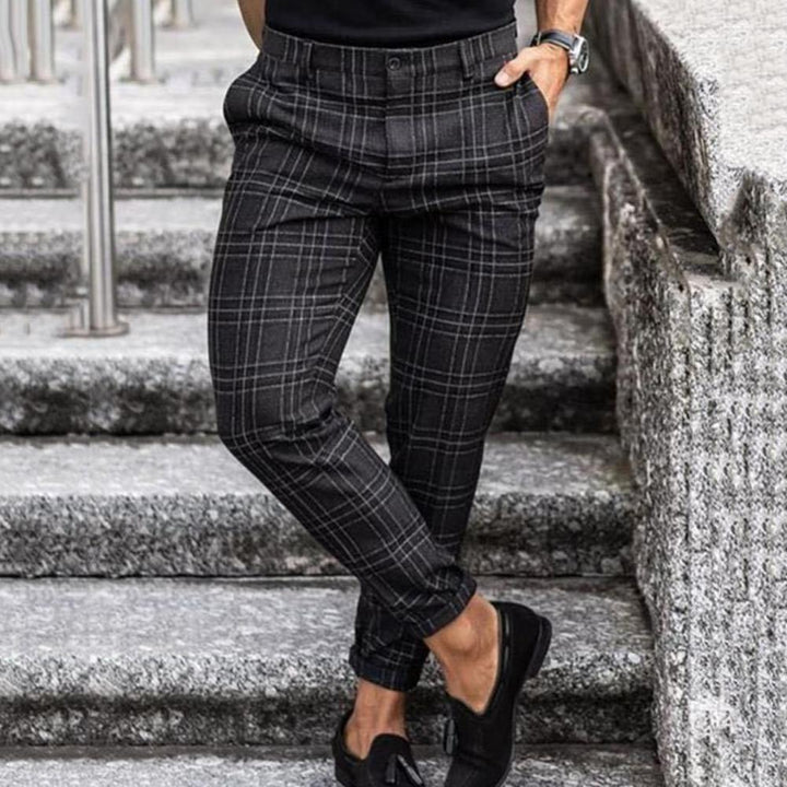 Herren karierte Anzughose, schwarz-grau, Slim Fit, elegant, aus Baumwolle, modisch.