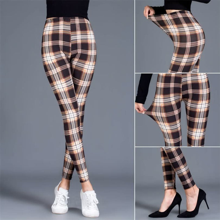 Damen Leggings kariert, braun, elastisch, bequem, modisch, ideal für Freizeit und Sport.