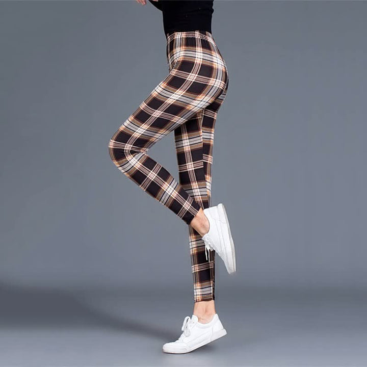 Kariertes Damenleggings, braun-beige, hoher Bund, bequem, modisch, Freizeithose, Stretchstoff.