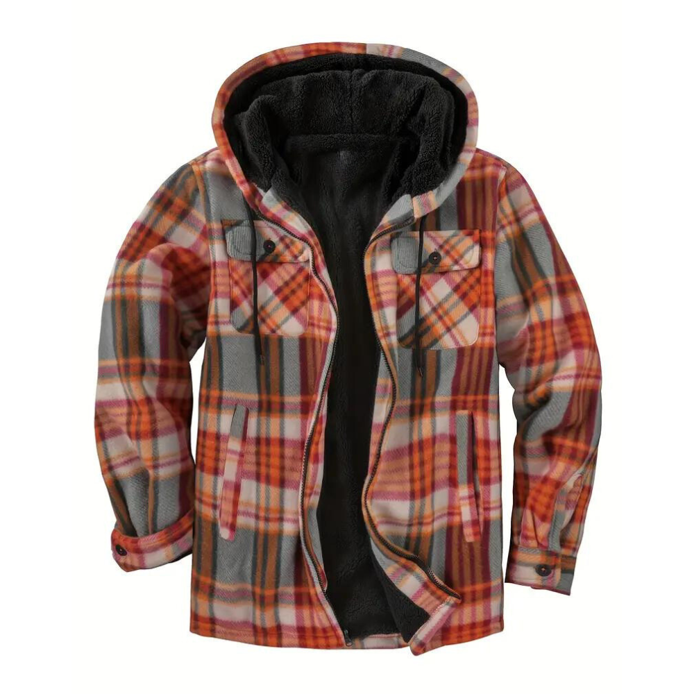 Orange-karierte Herrenjacke mit Kapuze, Fleece-Innenfutter, warm, modisch, Herbstbekleidung.