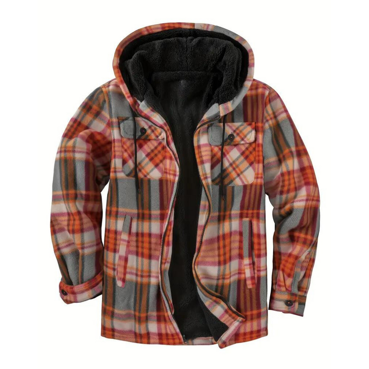 Orange-karierte Herrenjacke mit Kapuze, Fleece-Innenfutter, warm, modisch, Herbstbekleidung.