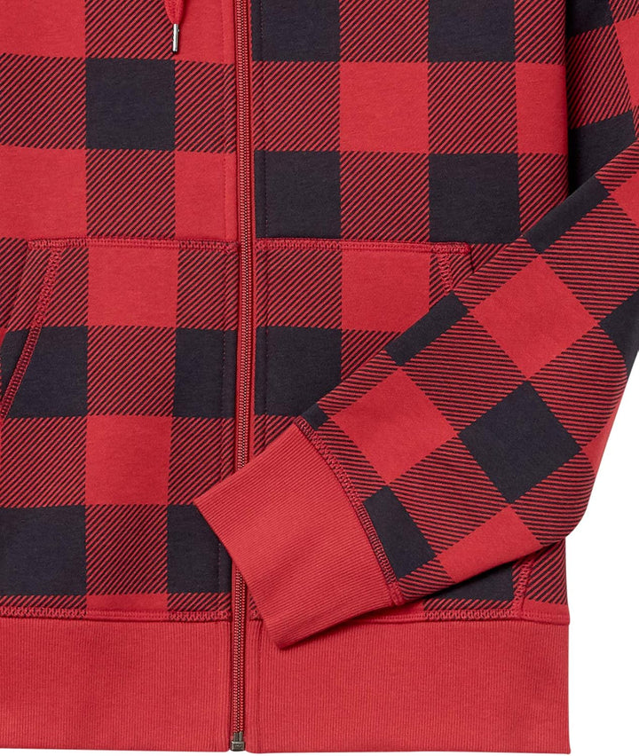 Rot-schwarz karierte Kapuzenjacke, Baumwolle, Reißverschluss, Herrenmode, Freizeitkleidung.