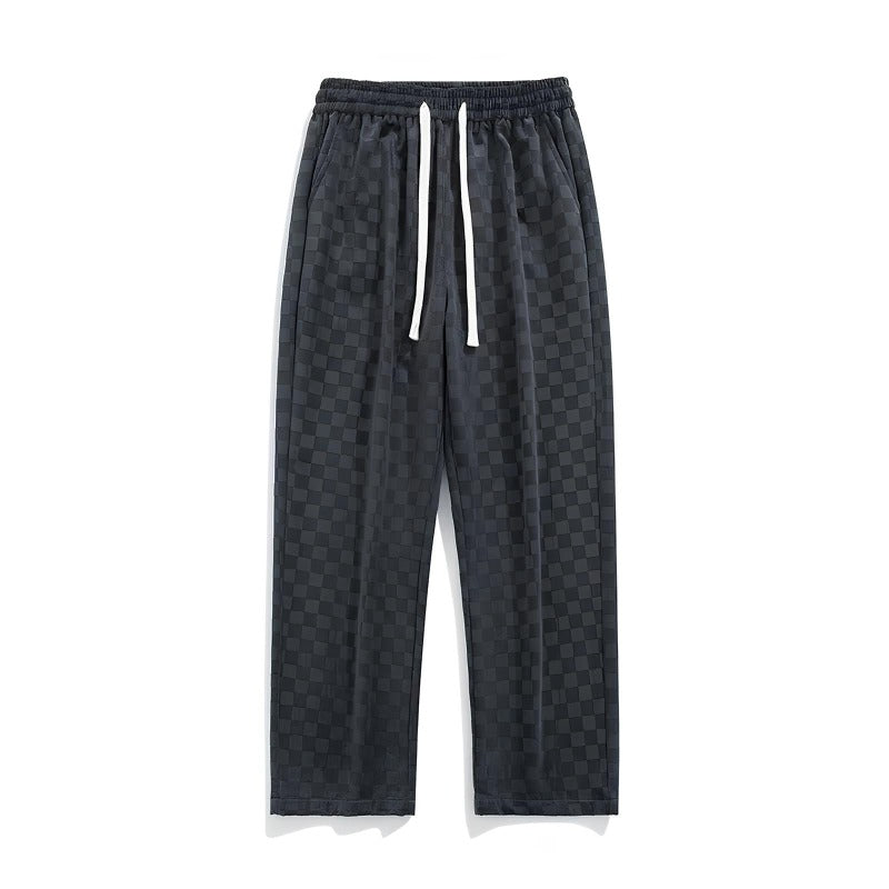 Schwarze karierte Jogginghose, elastischer Bund, Kordelzug, Herrenmode, Freizeitkleidung