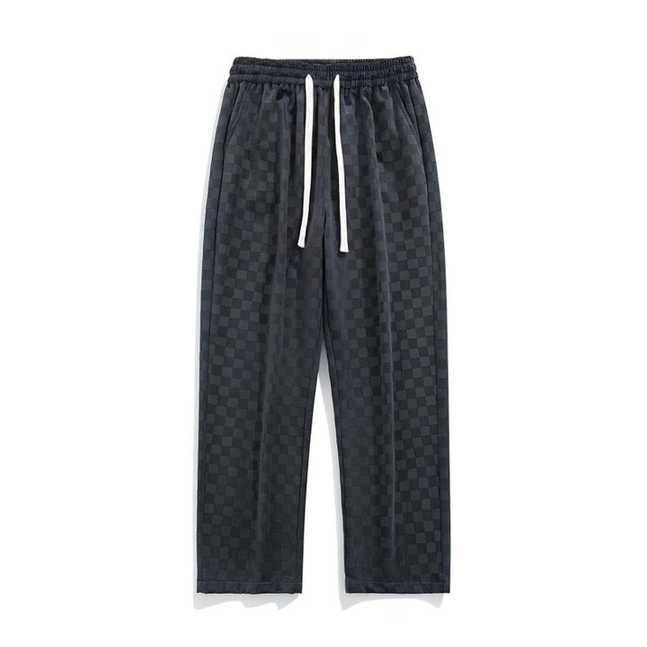 Schwarze karierte Jogginghose, elastischer Bund, Kordelzug, Herrenmode, Freizeitkleidung