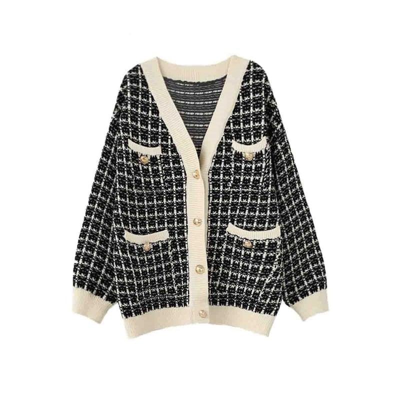 Schwarz-weißer karierter Cardigan mit V-Ausschnitt und Knöpfen, Damenmode, Strickjacke.