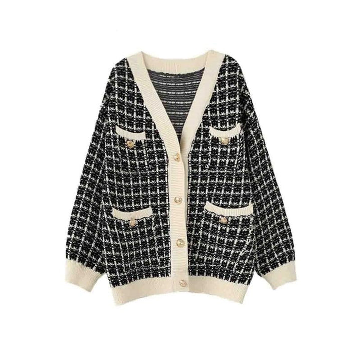 Schwarz-weißer karierter Cardigan mit V-Ausschnitt und Knöpfen, Damenmode, Strickjacke.