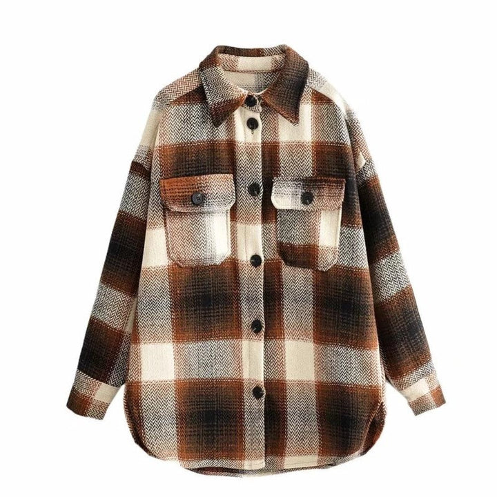 Damen Karo-Teddyjacke, braun-beige, Vintage-Streetwear, ideal für Frühling.