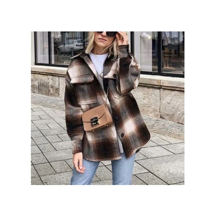 Damen-Tartan-Jacke, dunkelbraun, halblang, Streetwear, ideal für Frühling, Vintage-Look.
