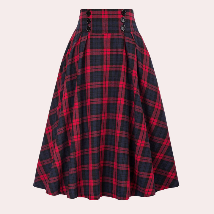 Roter karierter Rock, A-Linie, Knöpfe, Damenmode, Baumwolle, Vintage-Stil, elegant.