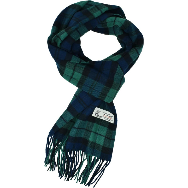 Grüner und blauer karierten Wollschal mit Fransen, modisches Accessoire für den Winter.