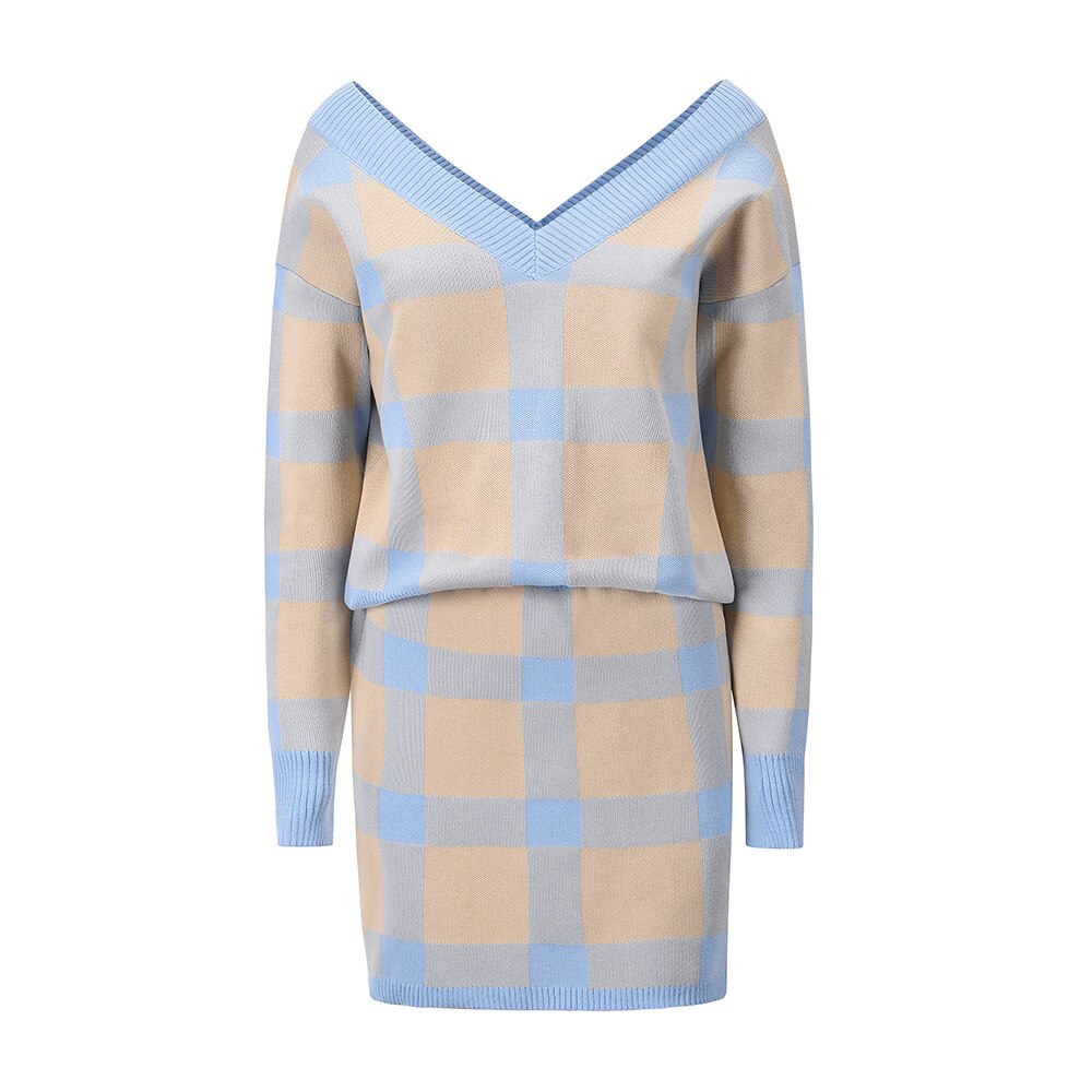 Damen Strickkleid, beige-blau kariert, V-Ausschnitt, langärmelig, modisch, bequem.