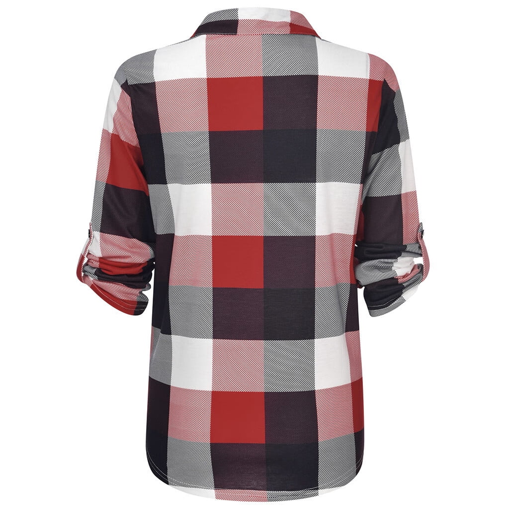 Damen-Karohemd, langärmelig, rot-schwarz-weiß, Baumwolle, Freizeitmode, Slim Fit.