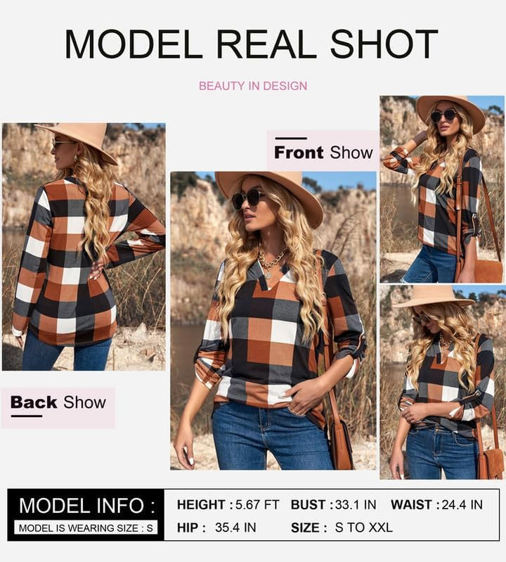 Damen-Karohemd, langärmelig, V-Ausschnitt, braun-orange, Freizeitmode, Herbstkollektion.