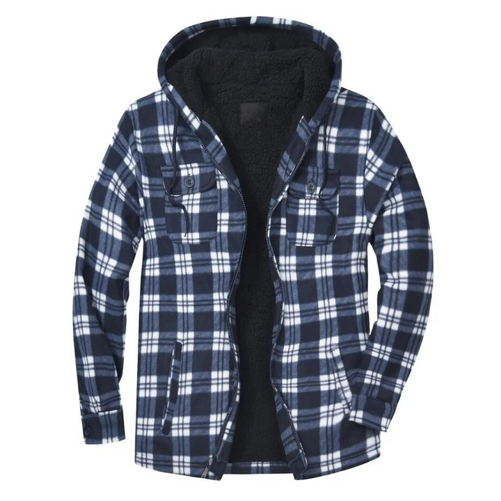 Blau-weiß karierte Herrenjacke mit Kapuze, Fleece-Innenfutter, warm, modisch, Winterbekleidung.