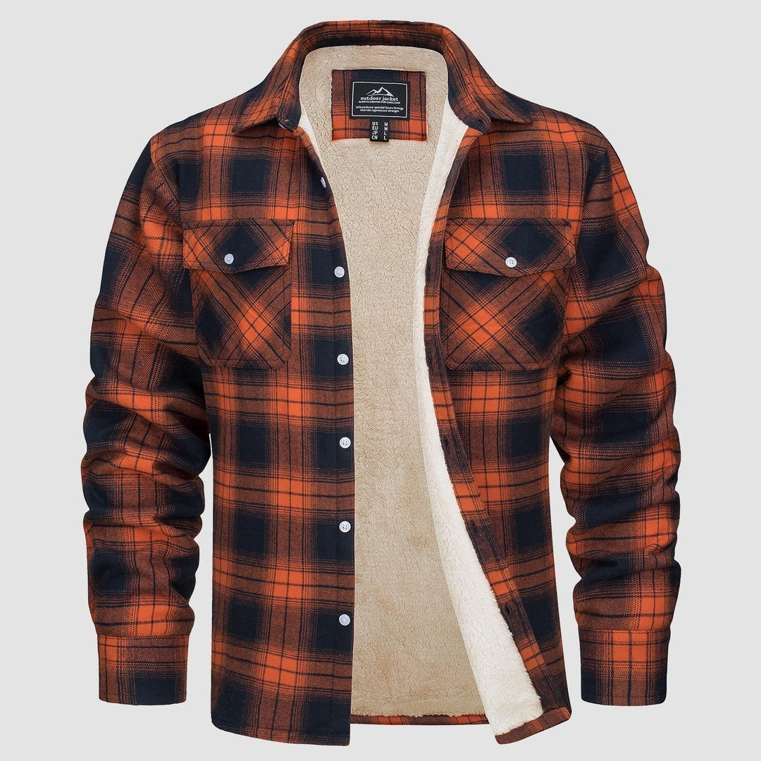 Orange-schwarzes kariertes Flanellhemd mit Fleece-Futter, Herrenmode, warm, langärmelig.