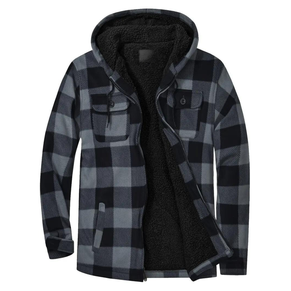 Graue karierte Herrenjacke mit Kapuze, Fleece-Innenfutter, warm, modisch, Winterbekleidung.