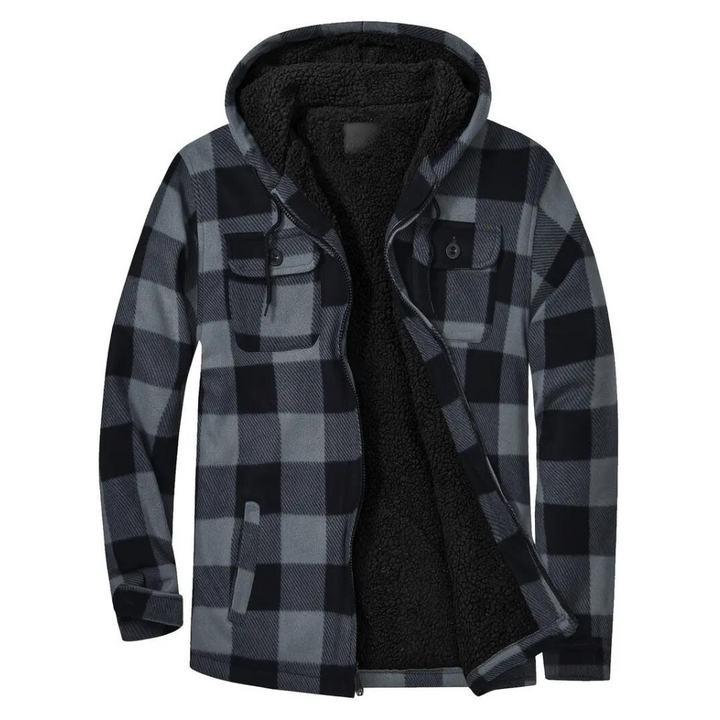 Graue karierte Herrenjacke mit Kapuze, Fleece-Innenfutter, warm, modisch, Winterbekleidung.