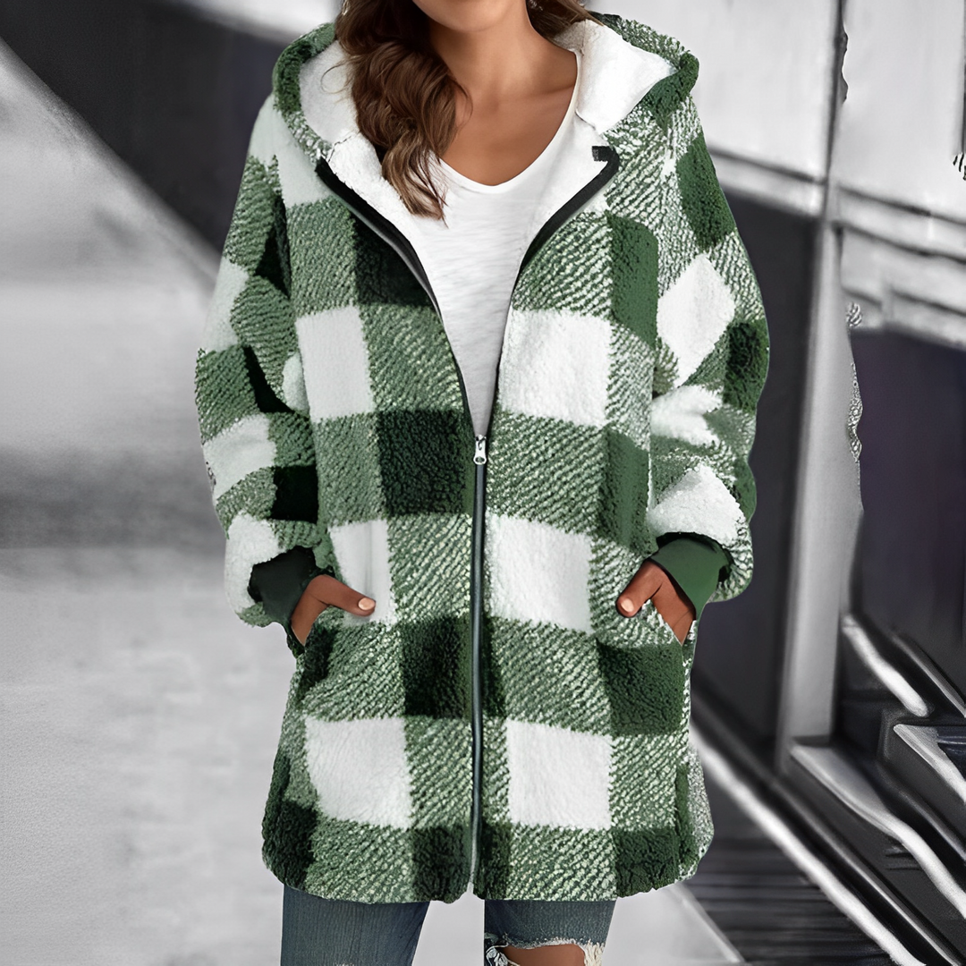 Grün-weiß karierte Damenjacke mit Kapuze, Reißverschluss, warmes Fleece, modisch, bequem.